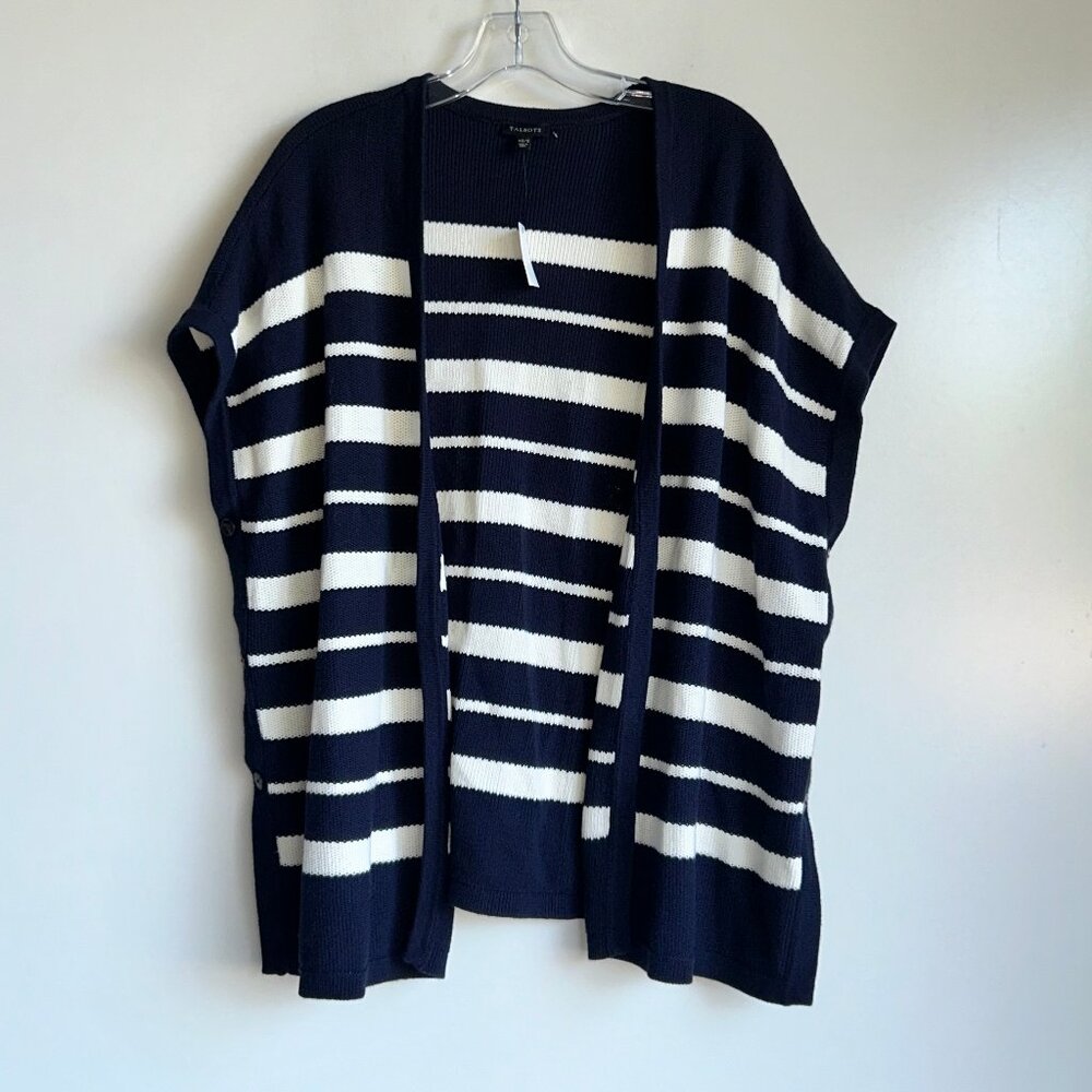 NWT TALBOTS Knit Sweater Open Cardigan Blue White Stripe Sleeveless Size XS/S